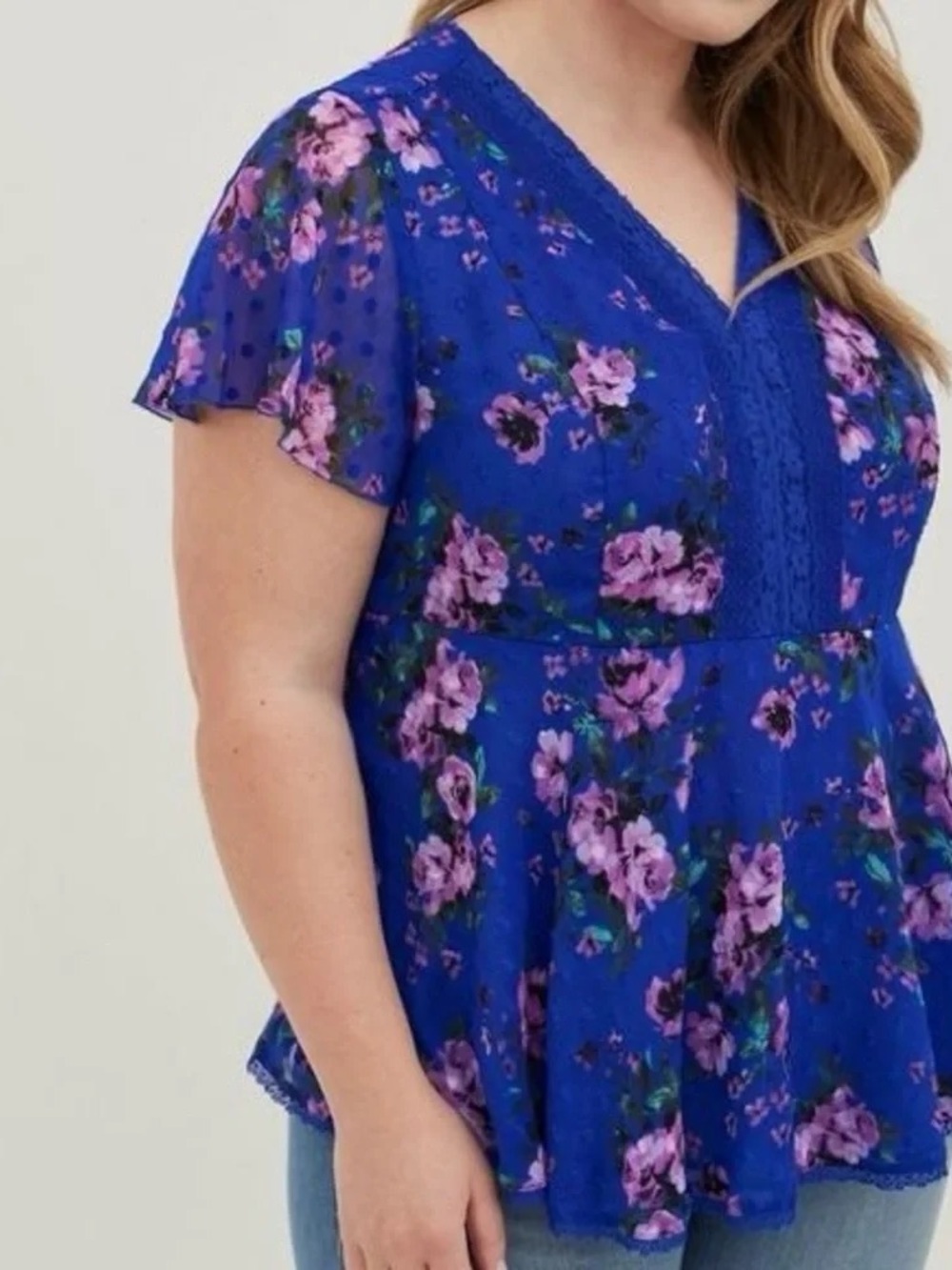 torrid Royal Blue Floral V-Neck Peplum Top - Picture 2 of 10